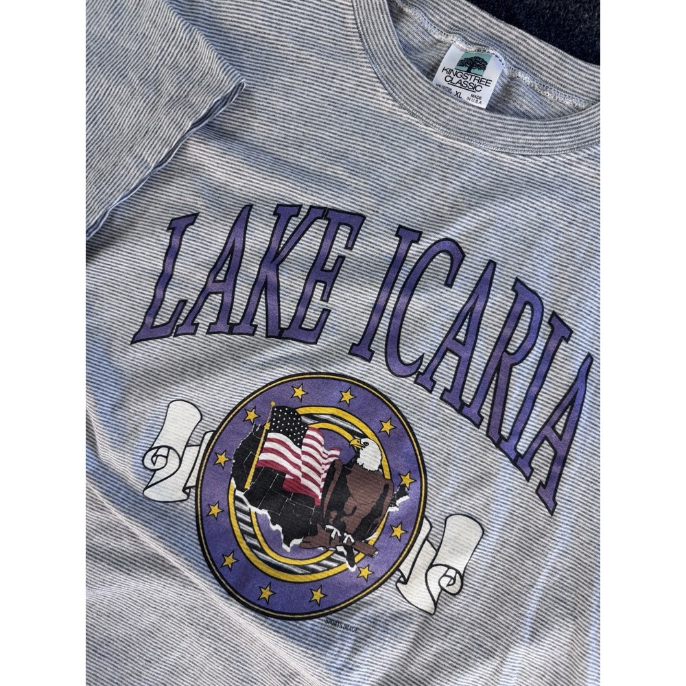 VTG Lake Icaria Graphic T Shirt Mens XL Gray Stripe Made USA